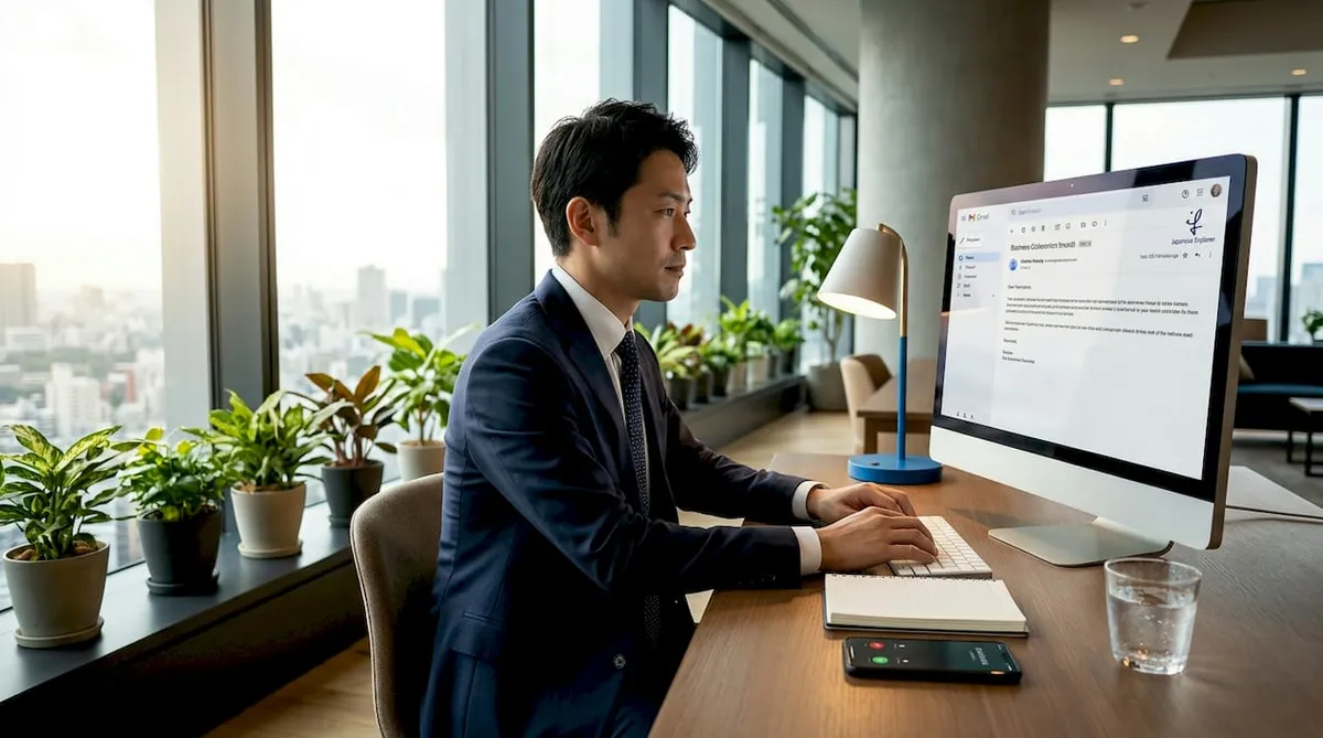 Japanese businessman reading business email in office