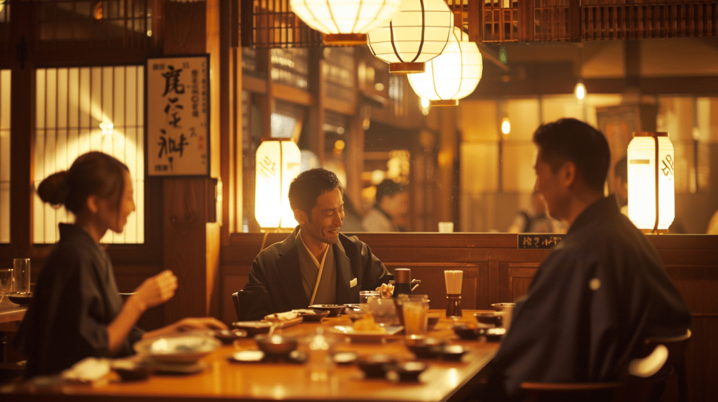 Students practising Japanese conversation at a restaurant during class