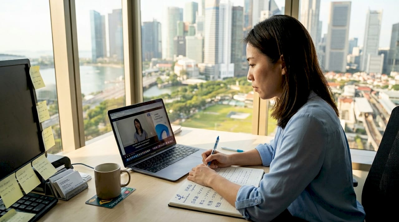 Office worker taking Japanese lesson at desk
