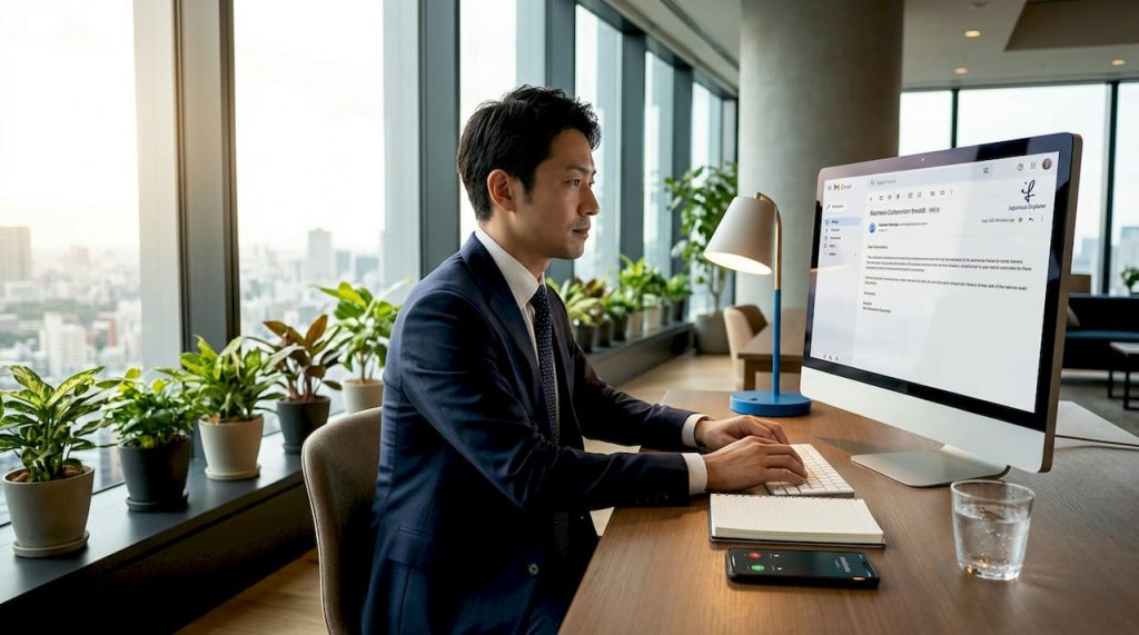 Japanese businessman reading business email in office