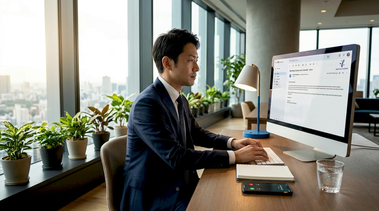 Japanese businessman reading business email in office