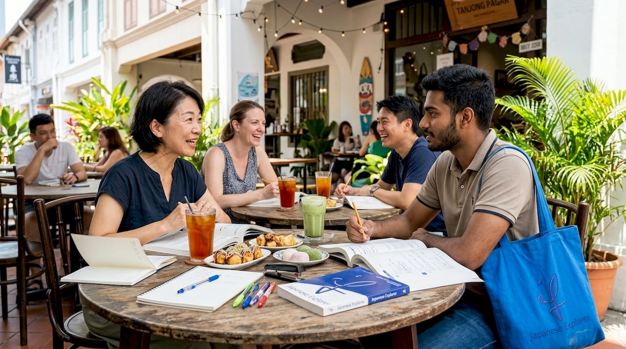 Adult learners practicing Japanese conversation in class