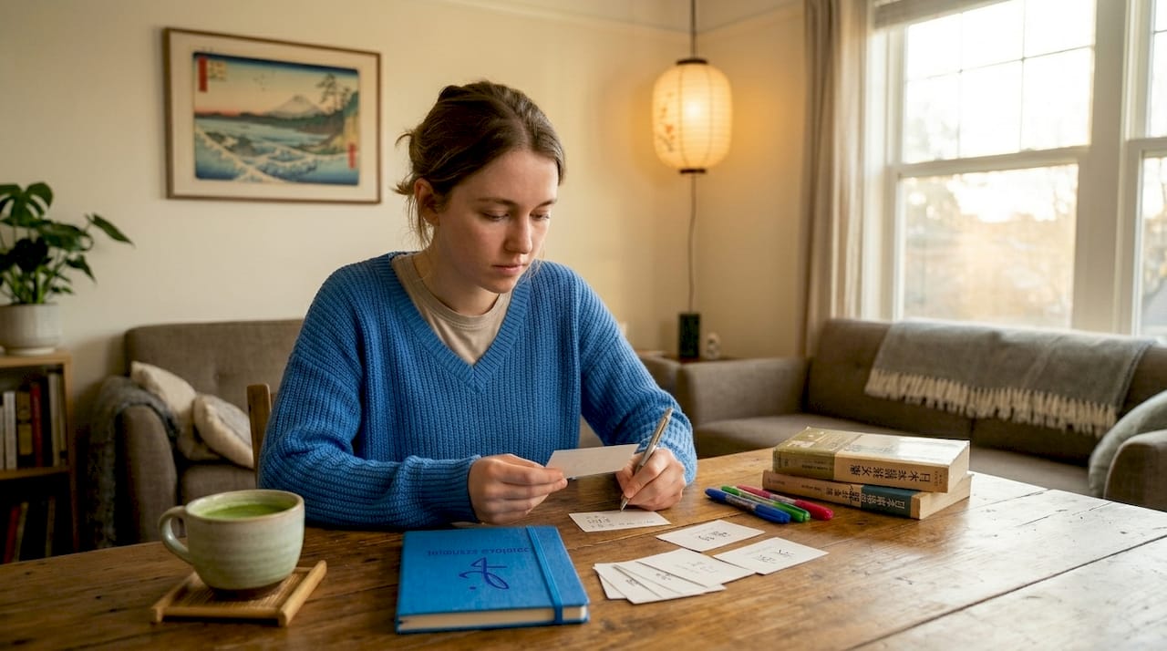 Person writing Japanese vocabulary flashcards at desk