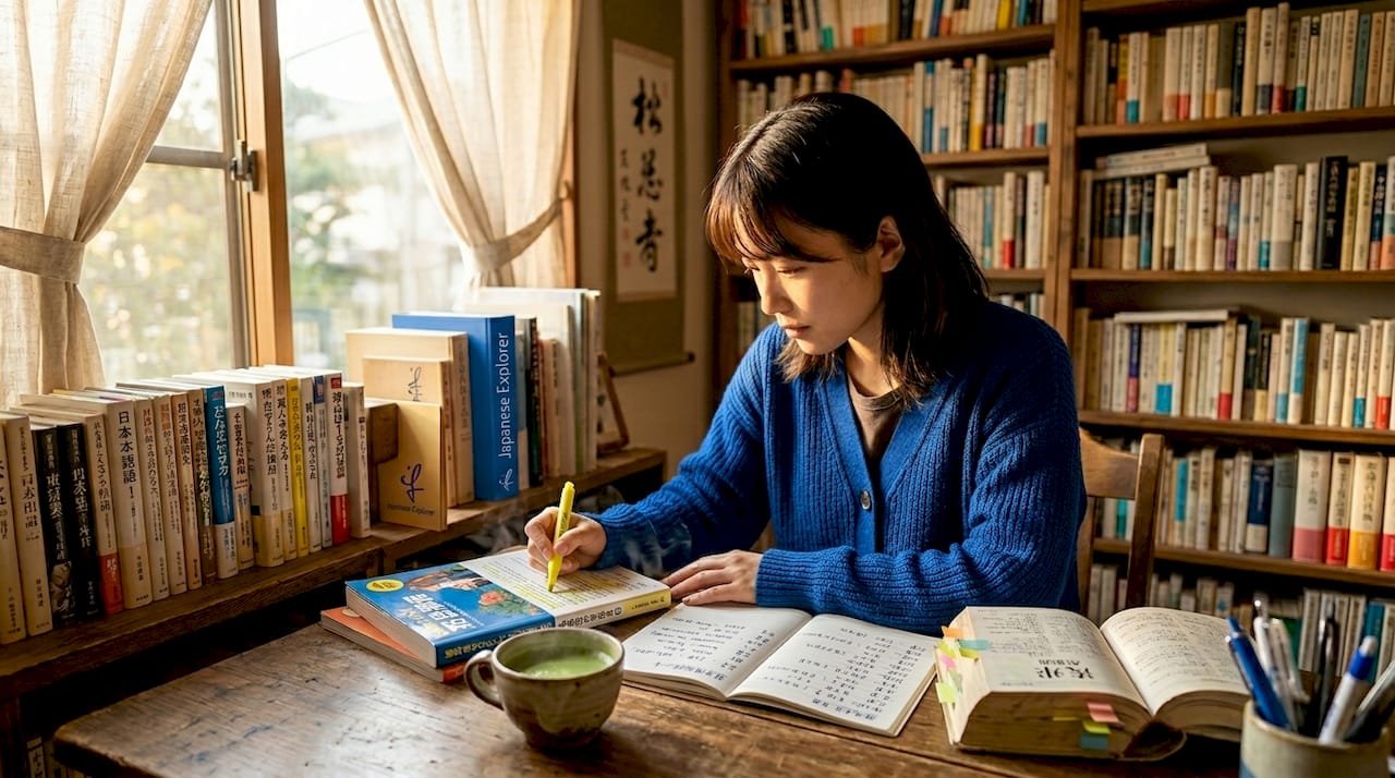 Person studying Japanese vocabulary at desk