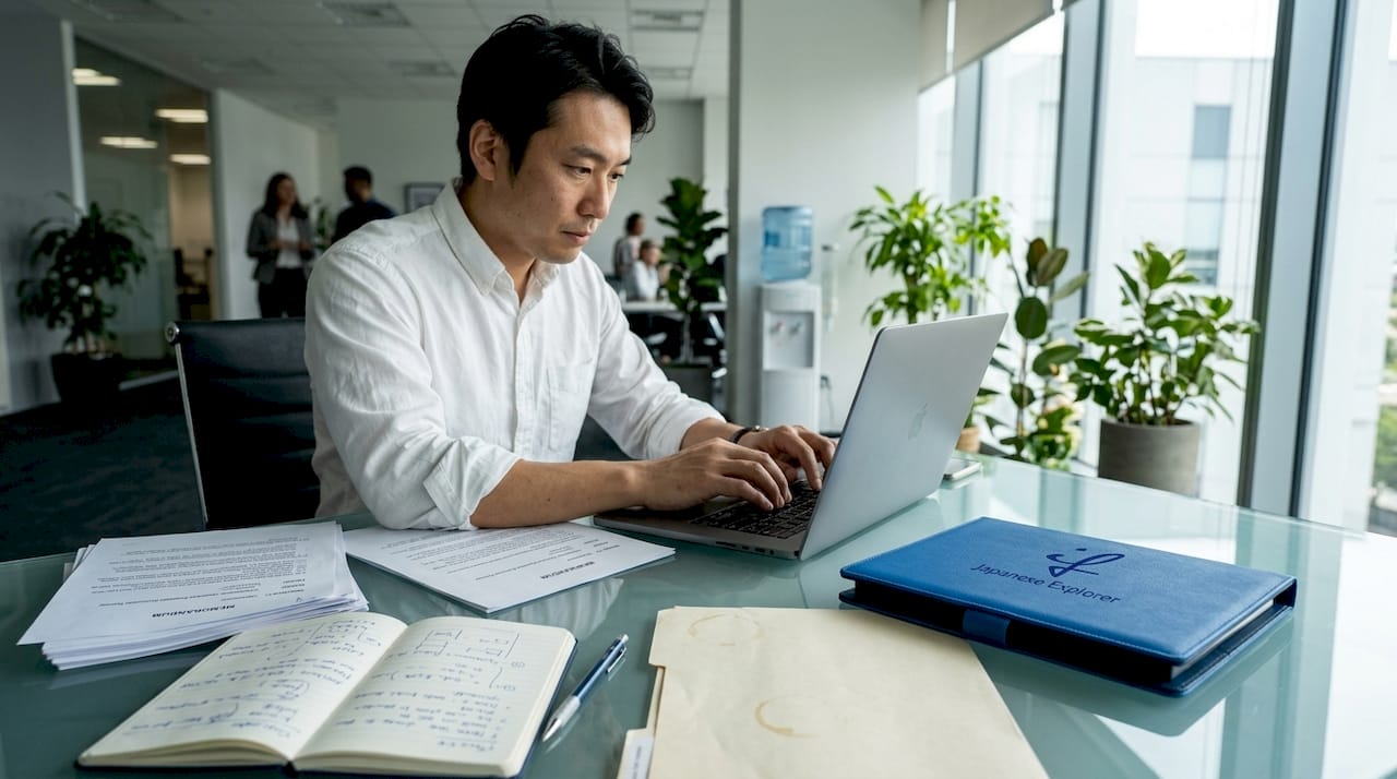 Japanese office worker writing formal business document