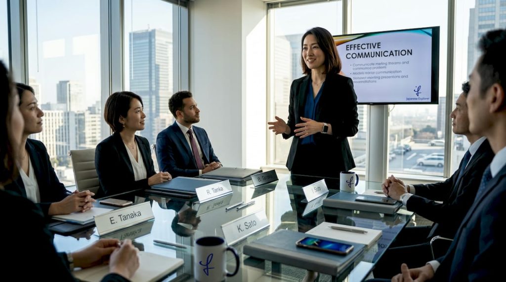 Japanese businesswoman presenting in meeting room