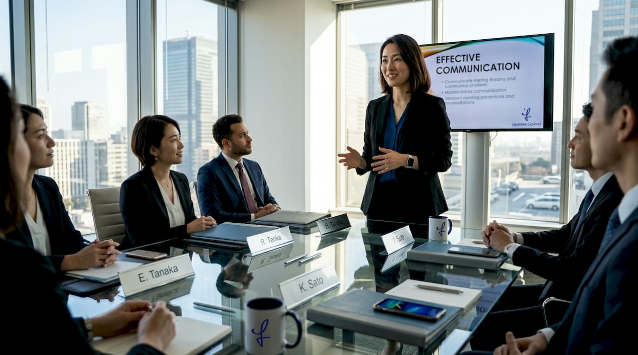 Japanese businesswoman presenting in meeting room