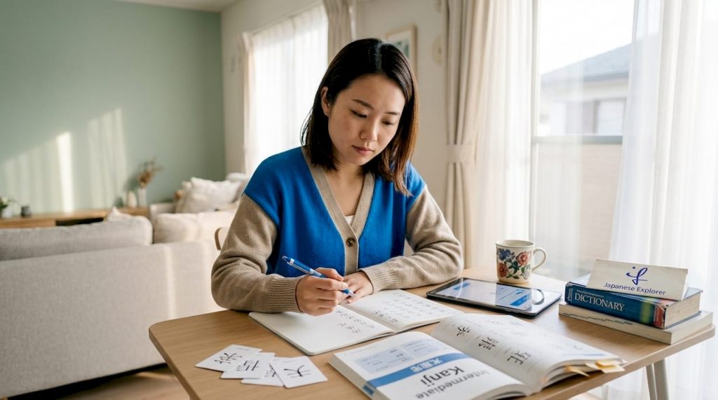 Language learner studying Japanese kanji characters
