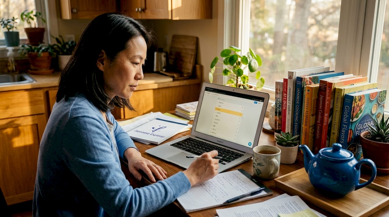 Adult woman studying language course at home