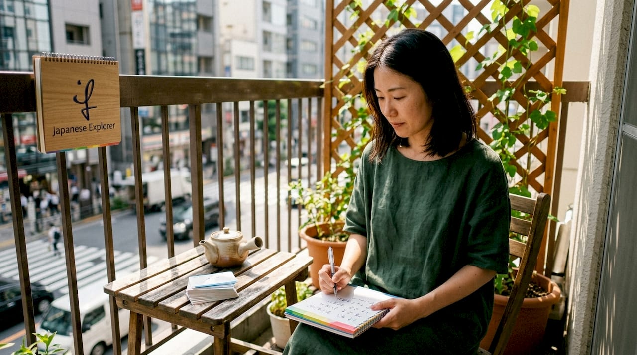 Expat practicing Japanese at home kitchen table