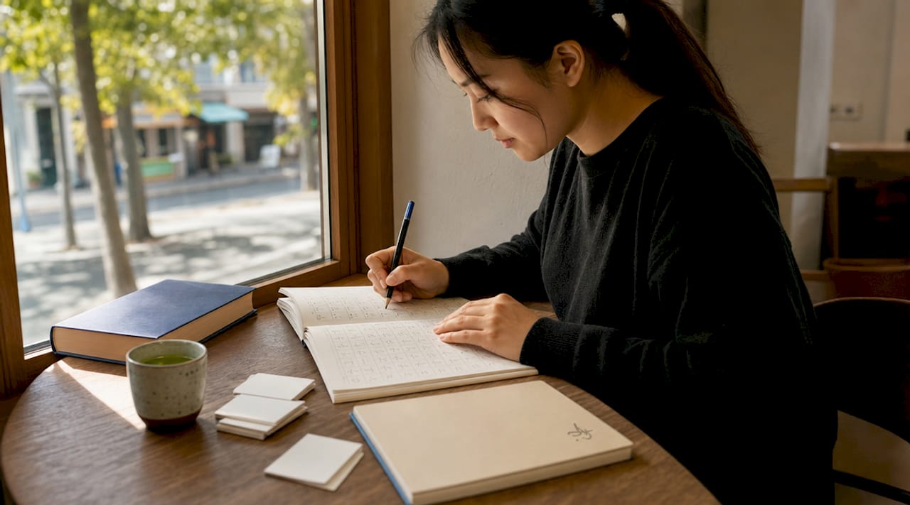 Woman learning Japanese kana at desk