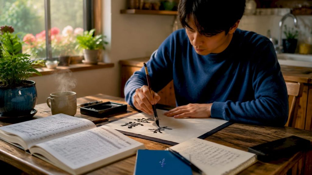 Person practicing Japanese kanji calligraphy at desk