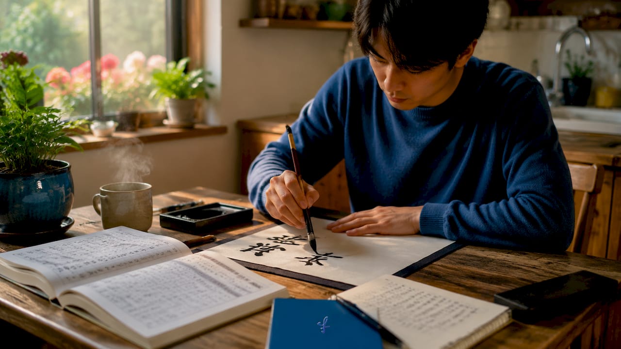 Person practicing Japanese kanji calligraphy at desk