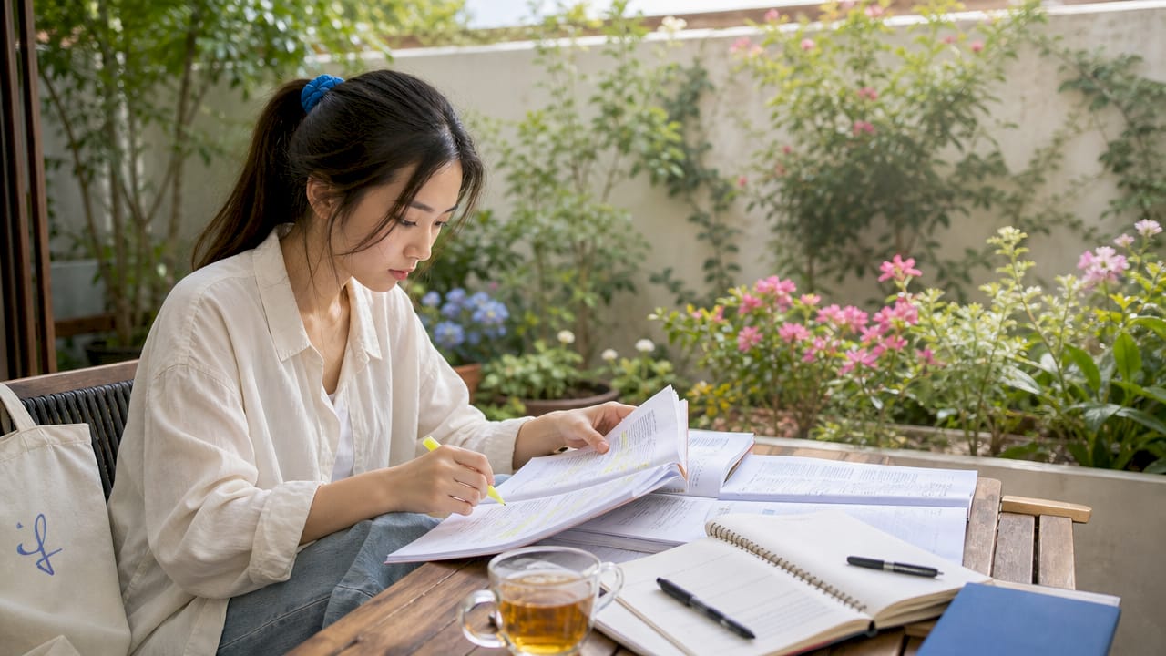 Focused woman studying for JLPT at desk