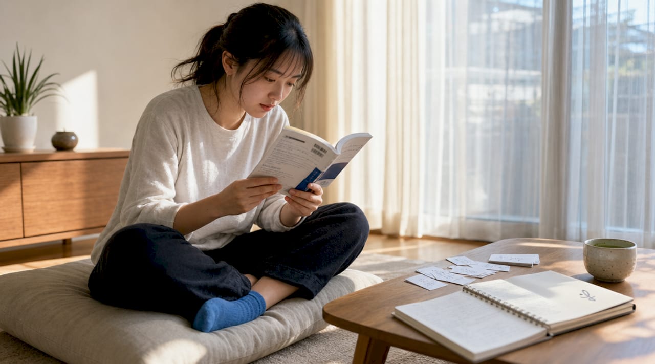 Woman reading Japanese book at traditional desk