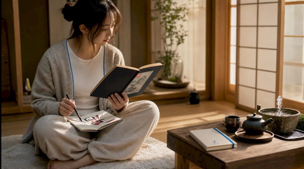 Woman studying Japanese culture at home desk