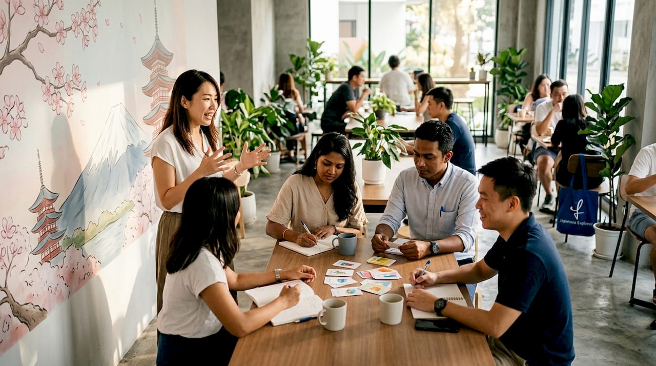 Adults learning Japanese language in Singapore classroom