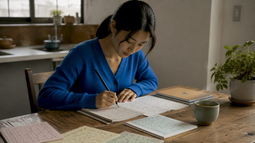 Woman practicing Japanese script at home desk