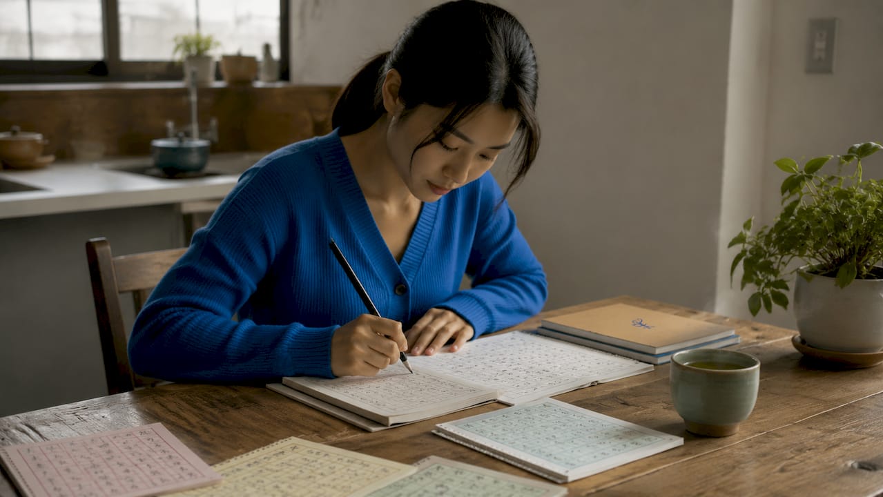 Woman practicing Japanese script at home desk
