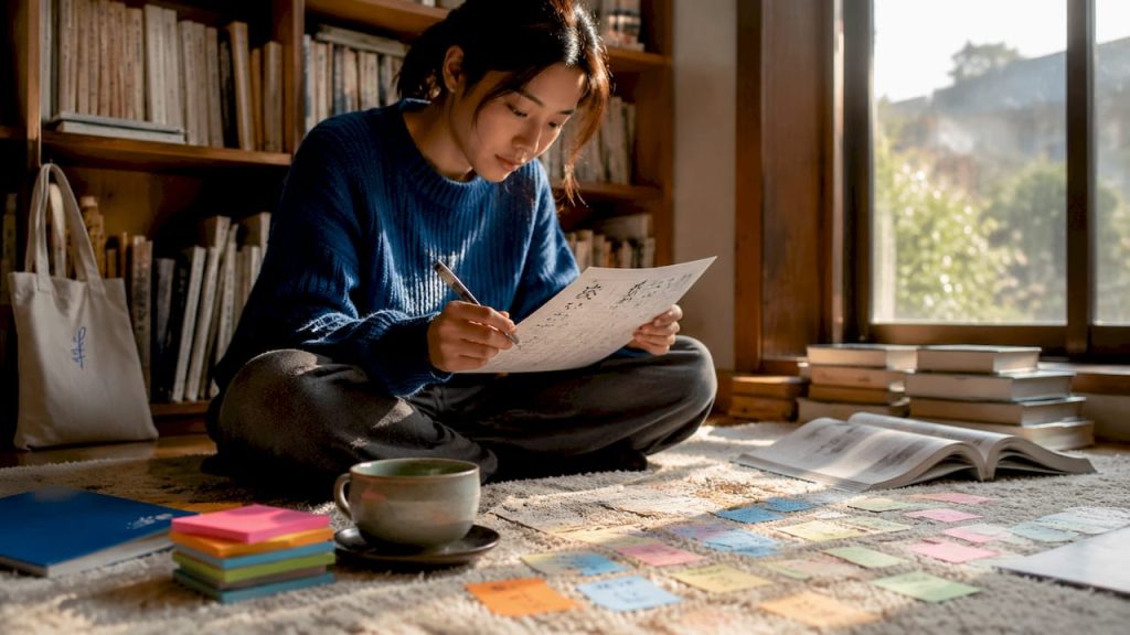 Woman studying kanji radicals with mnemonics