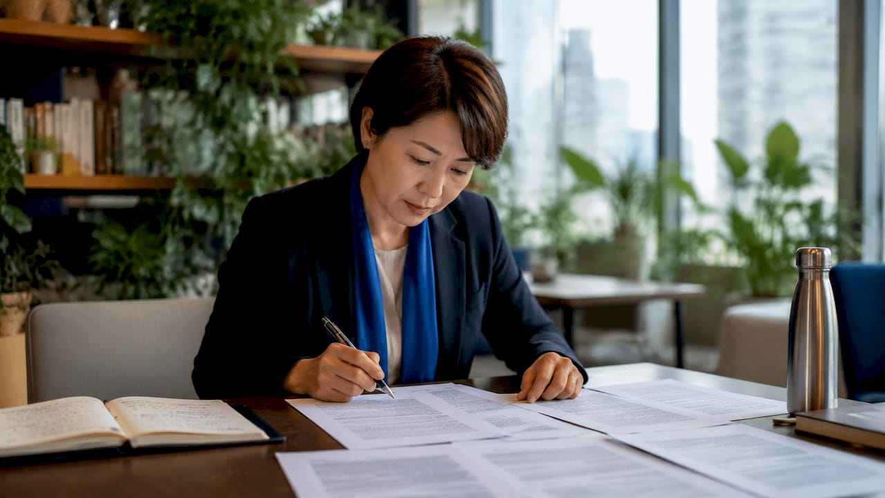 Businesswoman reviewing bilingual contract documents