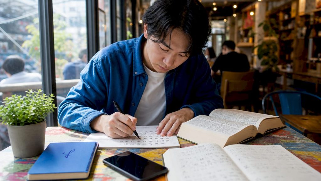 Learner practicing kanji characters at table
