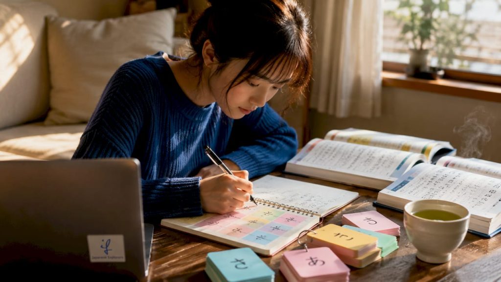 Young woman practicing Japanese kana writing
