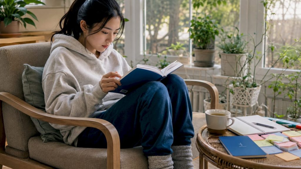 Person studying Japanese vocabulary at home desk