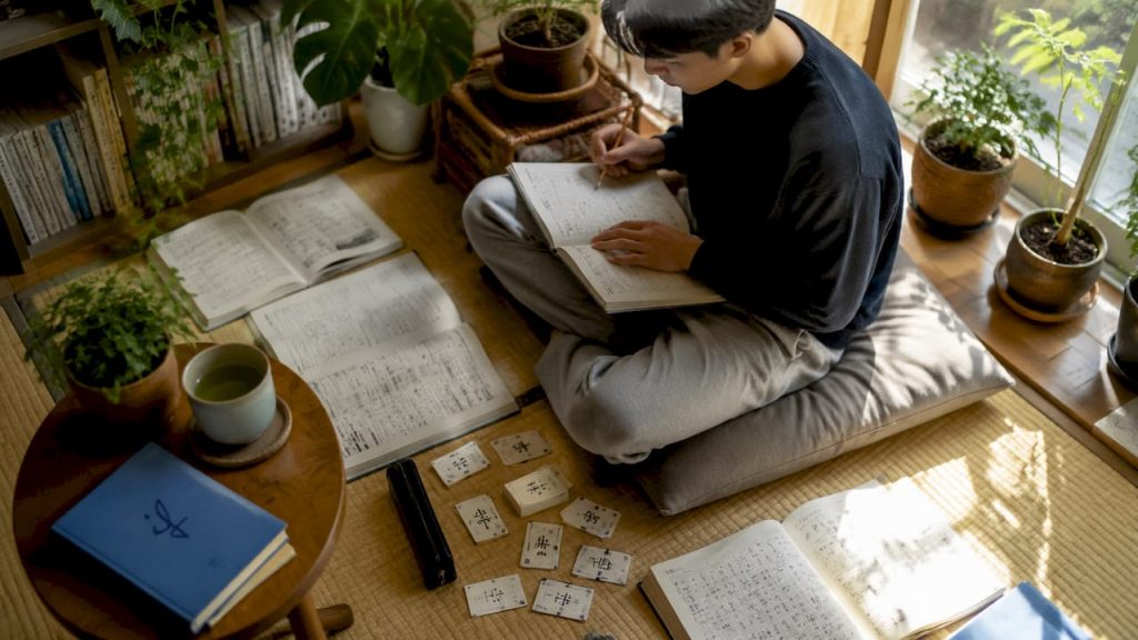 Learner studying Japanese exam materials at desk