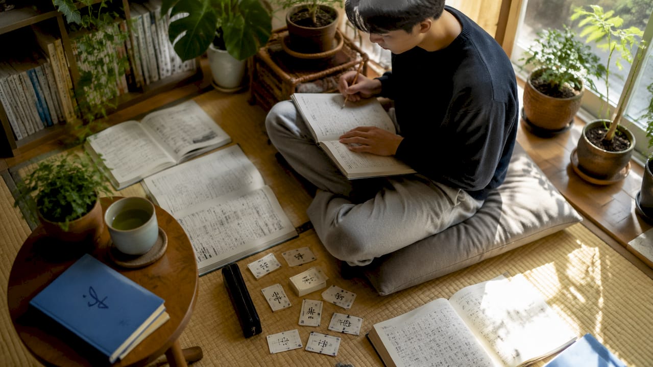 Learner studying Japanese exam materials at desk