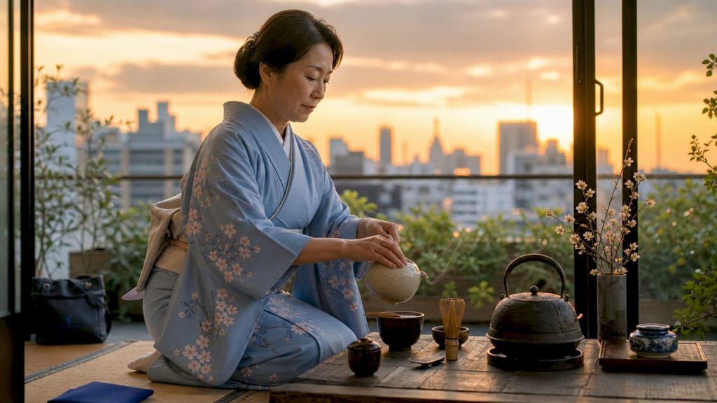Woman performing traditional Japanese tea ceremony in room