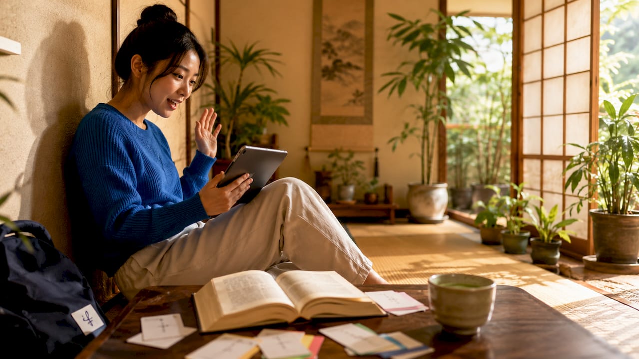 Woman engaging in interactive Japanese lesson at home