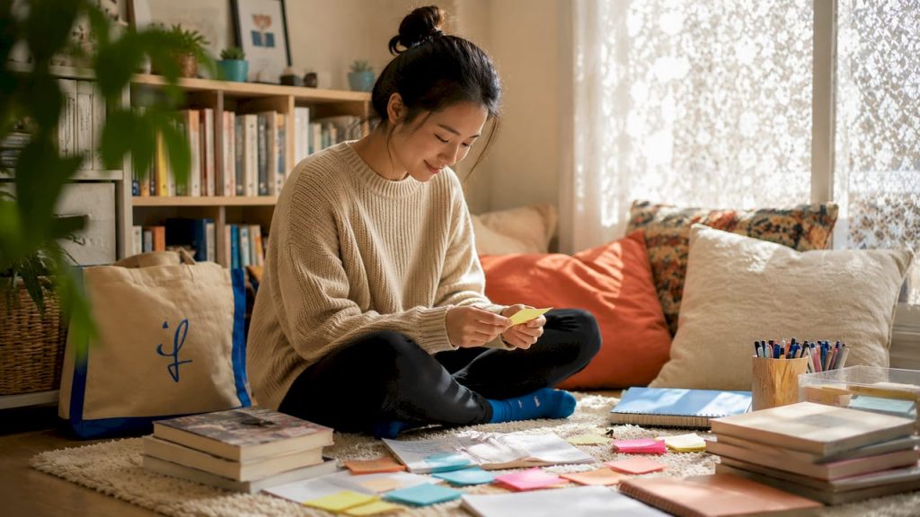 Student organizing JLPT study materials