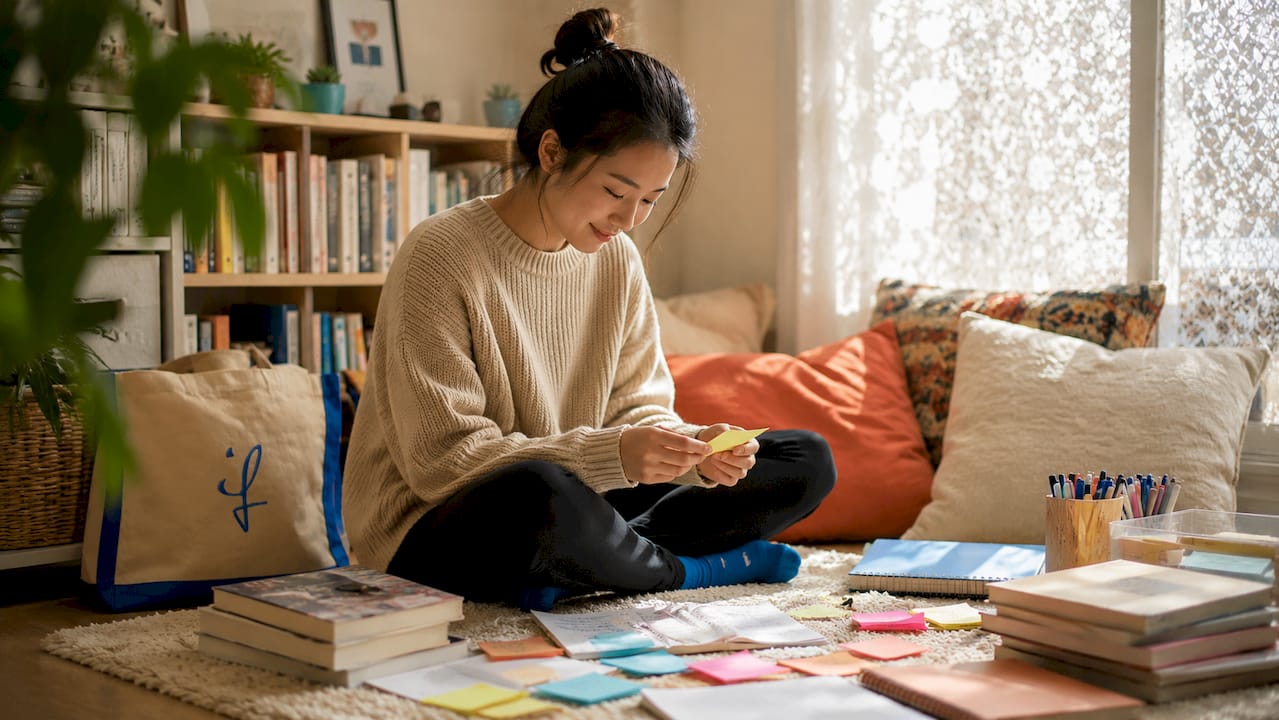 Student organizing JLPT study materials