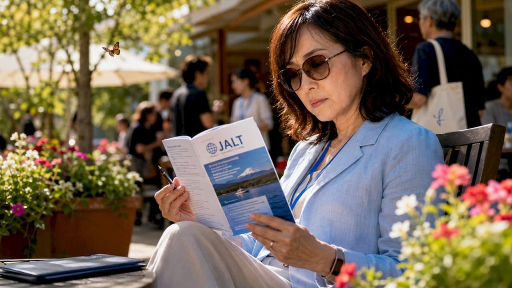 Educator reviewing Japanese language teaching conference materials