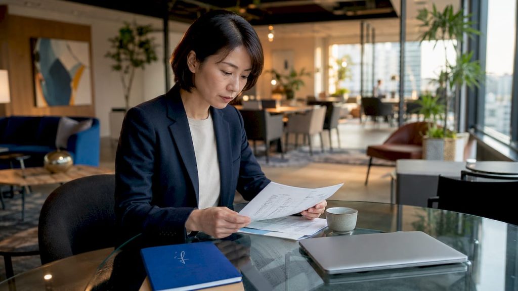 Japanese businesswoman reviewing documents in office