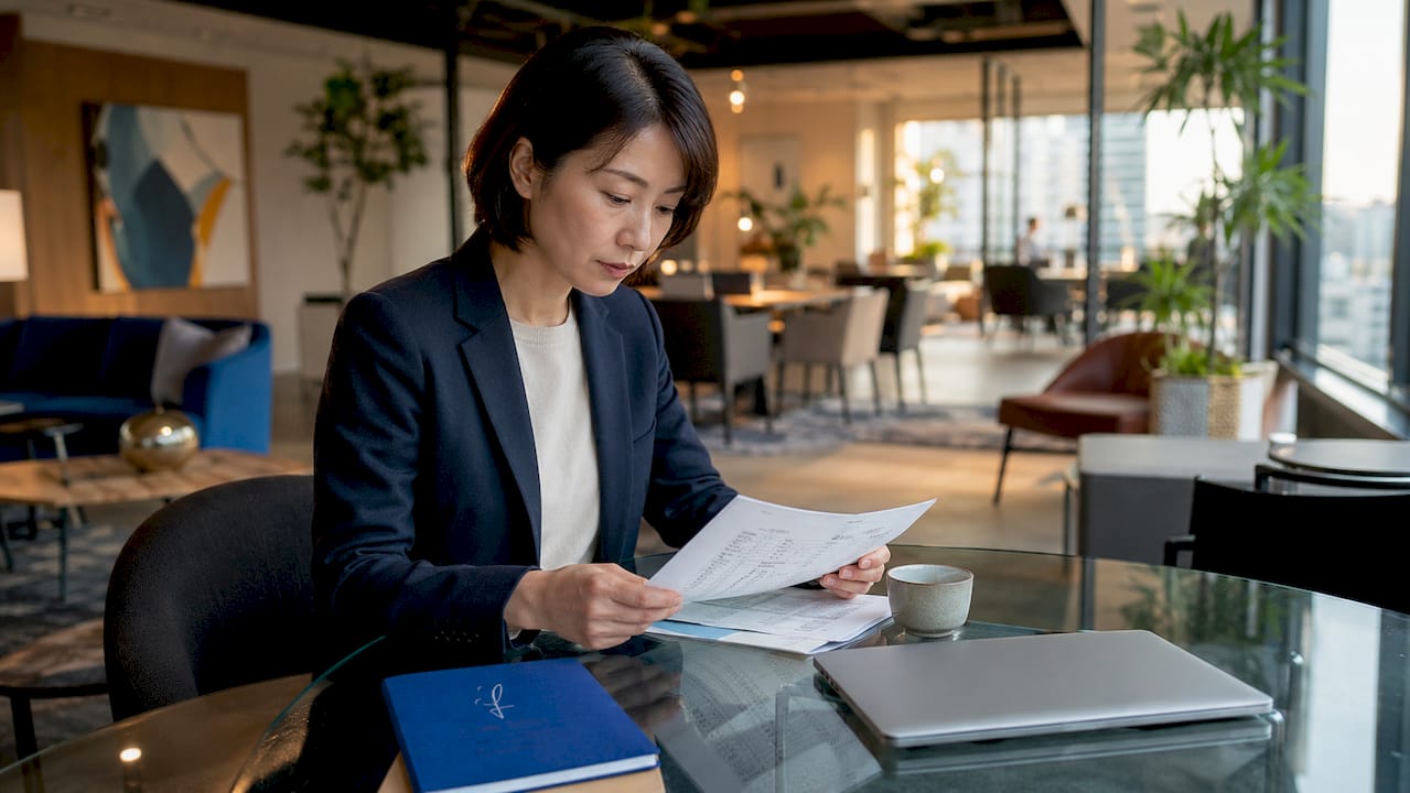 Japanese businesswoman reviewing documents in office