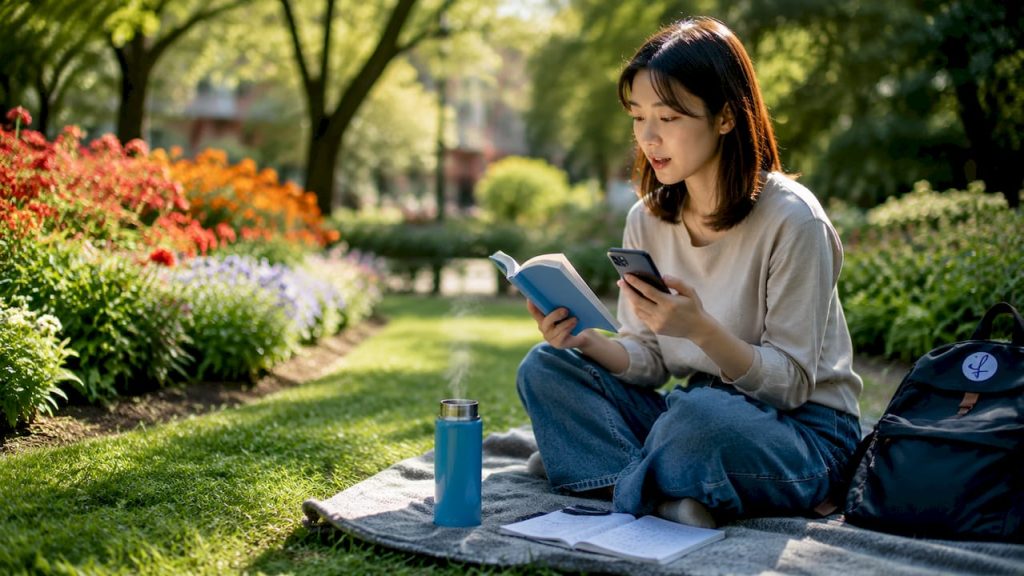Young woman practicing casual Japanese phrases in café