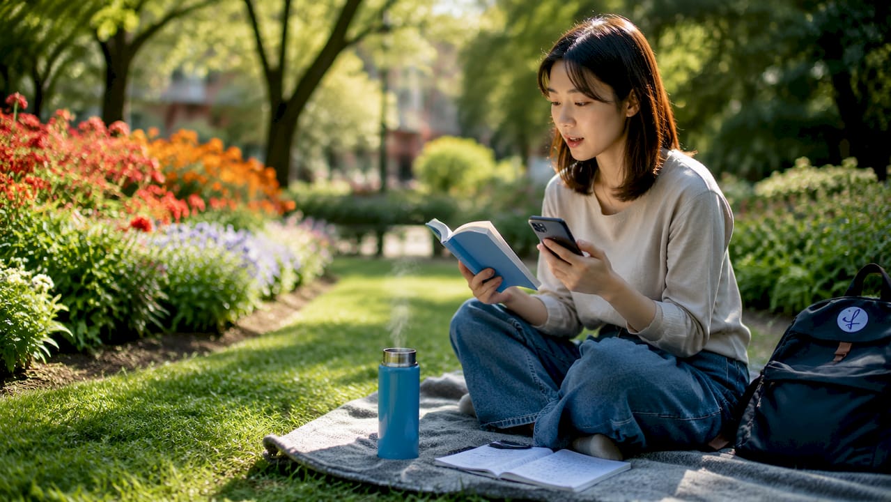 Young woman practicing casual Japanese phrases in café