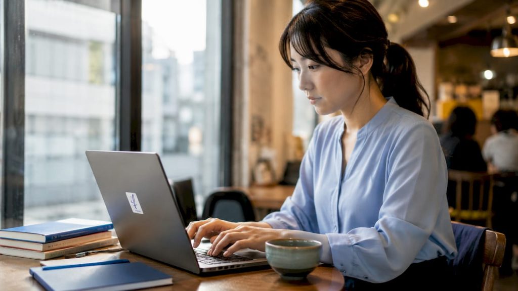 Businesswoman composing Japanese email at desk