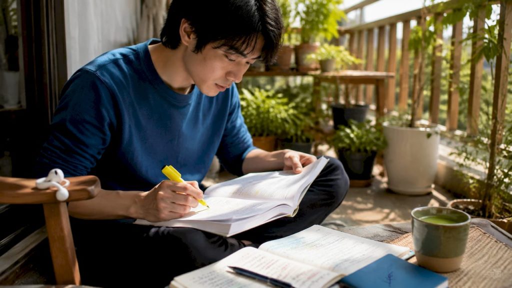 Young learner studying Japanese honorifics at desk