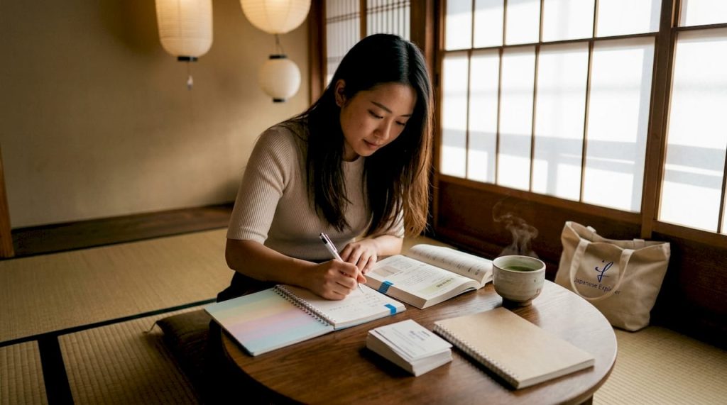 Young woman studying Japanese with cultural materials