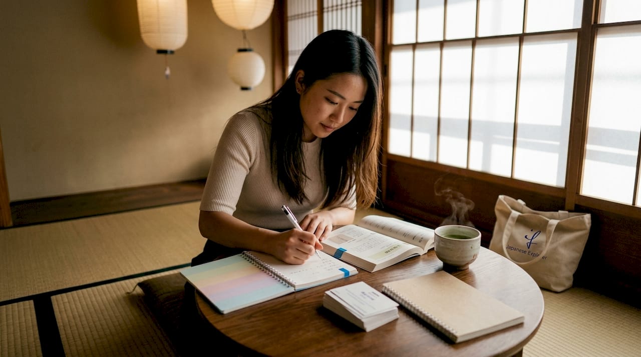 Young woman studying Japanese with cultural materials