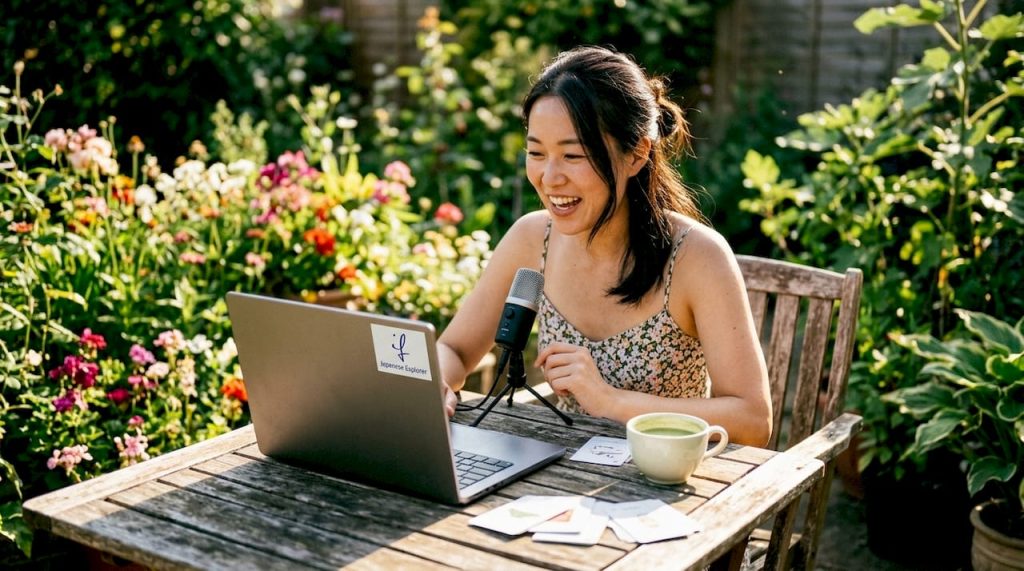 Woman practicing spoken Japanese at home desk