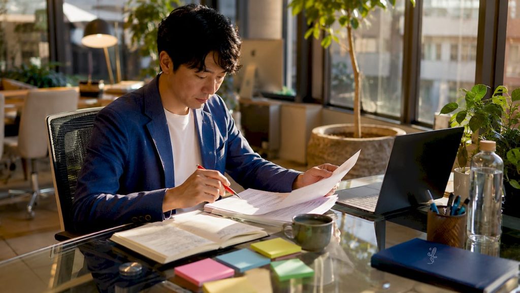 Japanese office worker reviewing email drafts