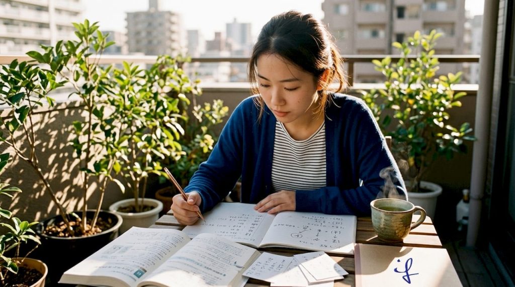 Student studying Japanese grammar at home