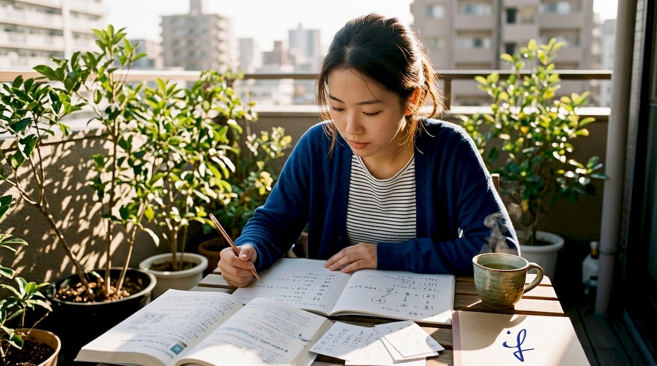 Student studying Japanese grammar at home