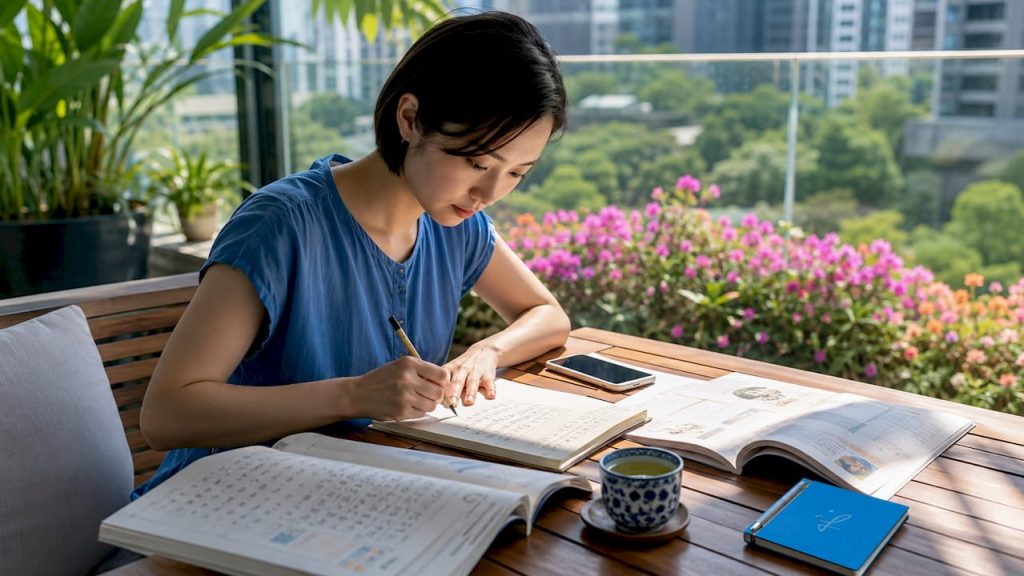 Expat woman studying Japanese scripts at home