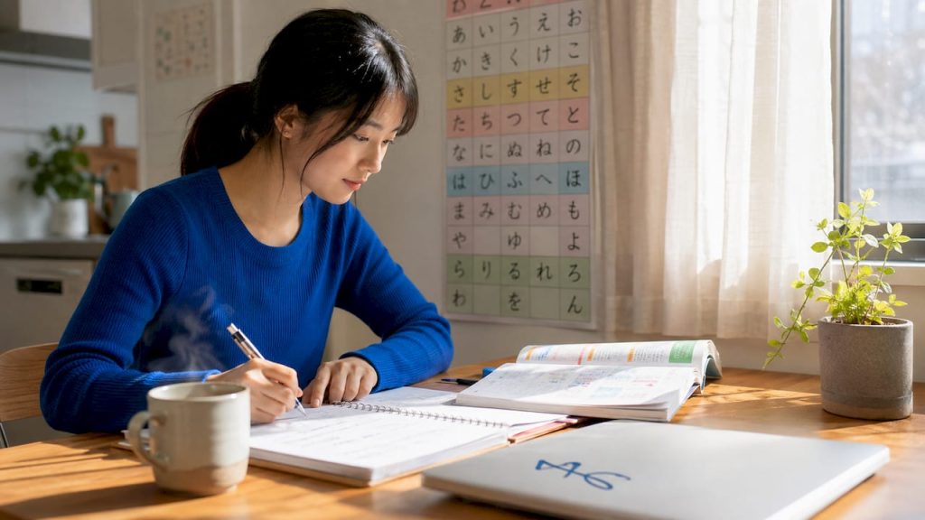Woman studying Japanese hiragana at desk