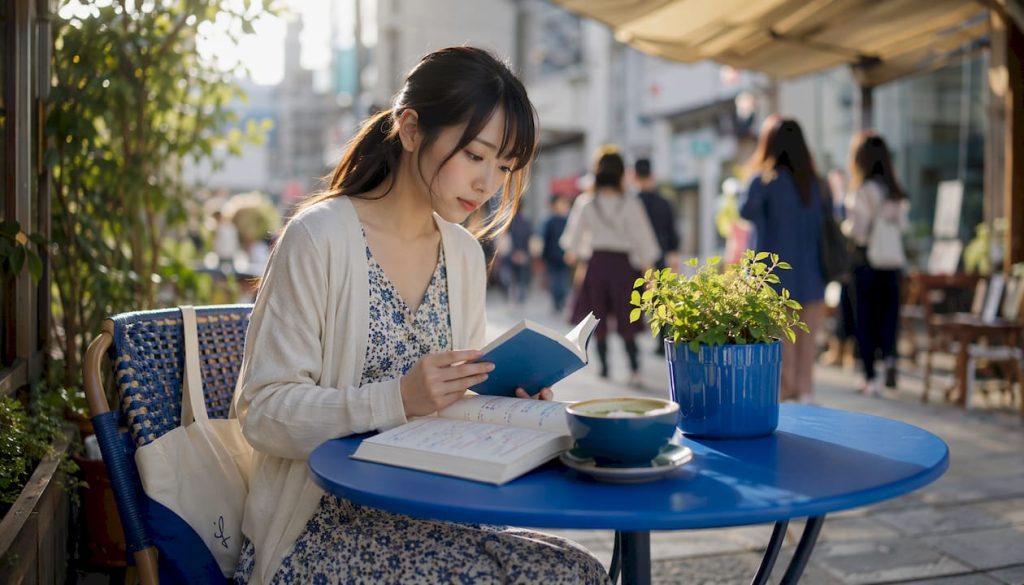 Young woman studying Japanese slang in café